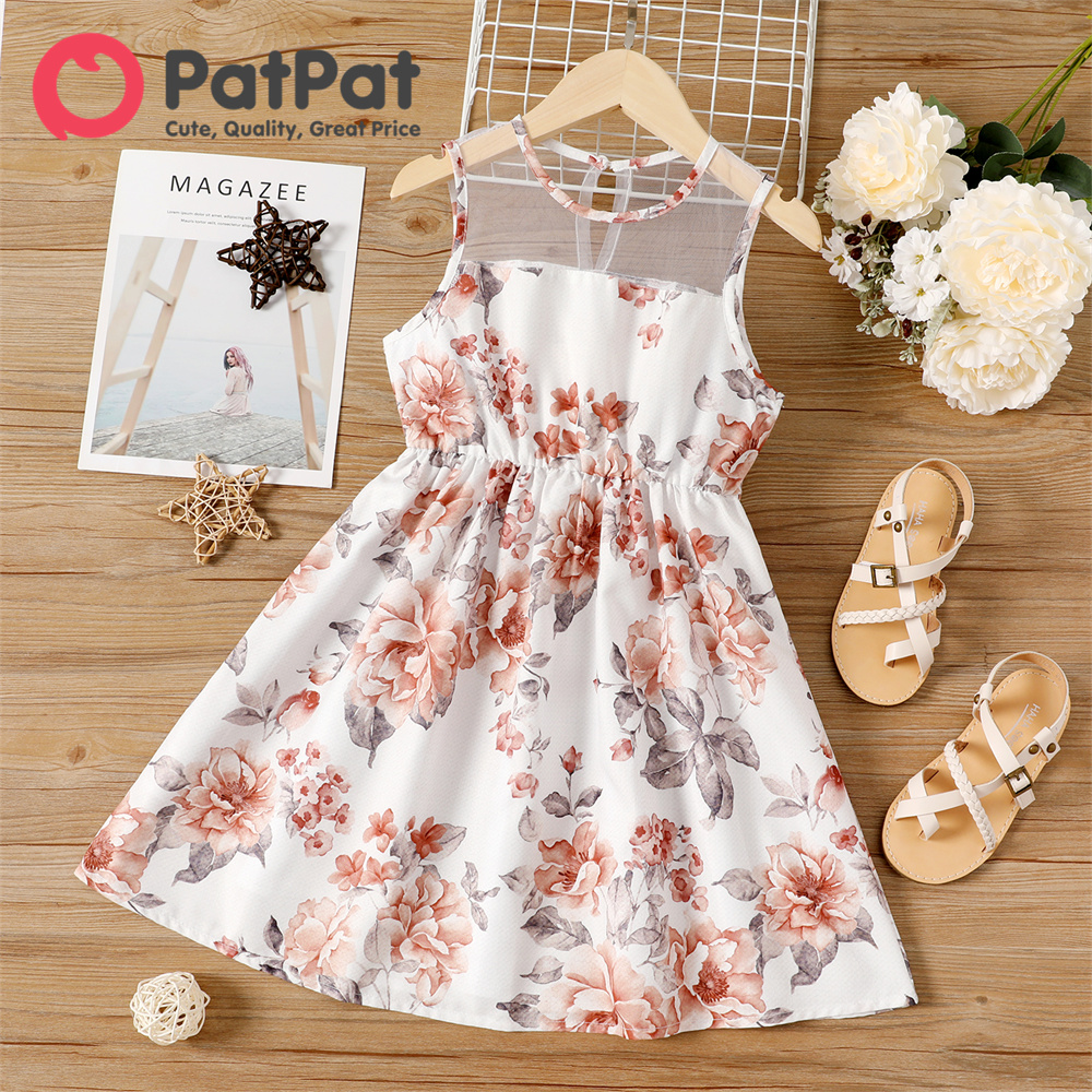 PatPat Kid Girl Clothes Floral Print Mesh Design Sleeveless Dress
