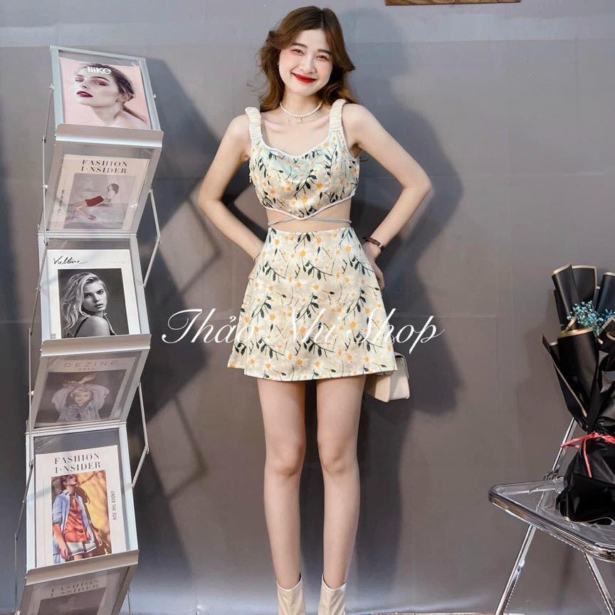 SET ÁO HOA CROPTOP DÂY EO KÈM CHÂN VÁY