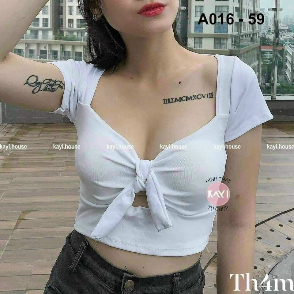 Áo thun croptop cổ vuông tay ngắn cột nơ ngực nhiều màu