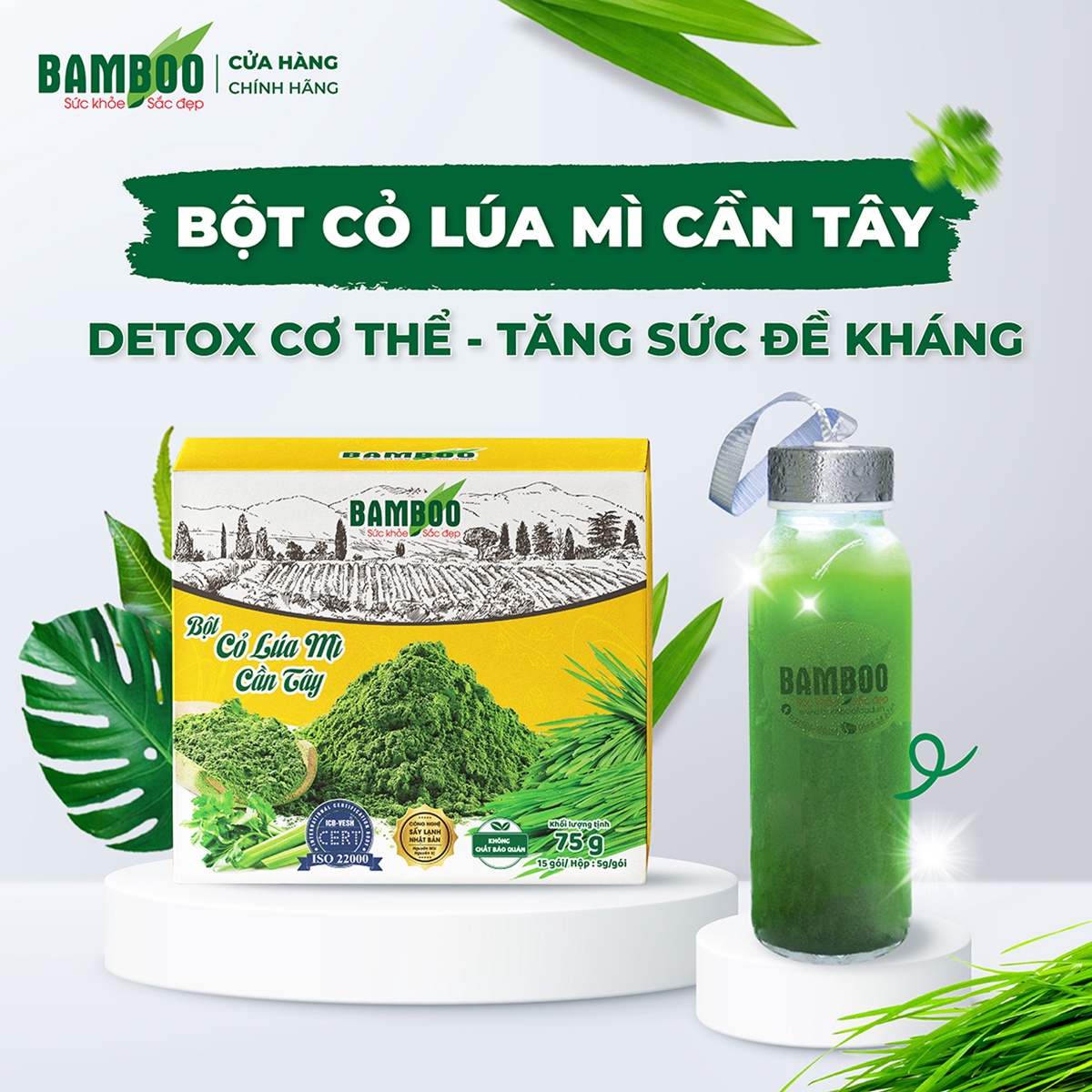Bột Cỏ Lúa Mì Cần Tây Bamboo Sấy Lạnh Tăng Đề Kháng, Thải Độc, Mát Gan Hộp 15 Gói (5g/ Gói)- FREESHIP