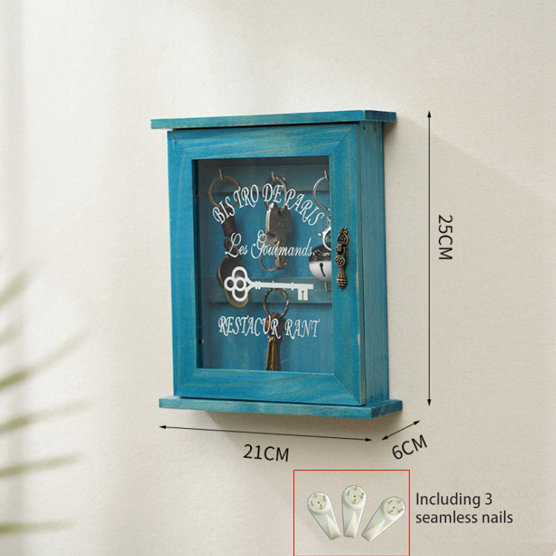 Entry Wooden Wall Mounted Key Organizer Home Vintage Storage Box Dustproof with Door Key Storage Hooks