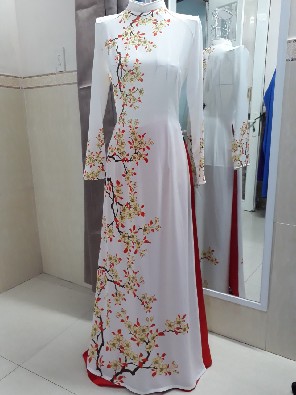 [HCM]Áo dài CAO CẤP - Trắng hoa mai-kèm quần