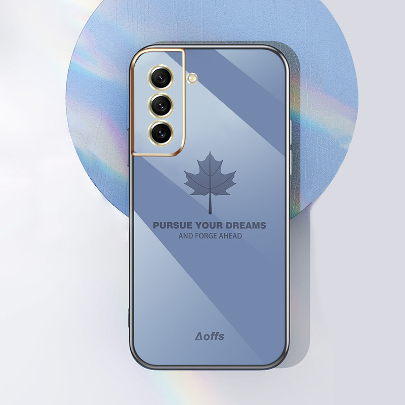 YBD Straight Edge Plating Phone case For Samsung Galaxy S21 FE casing, Precise Camera Protection case Maple leaf pattern cover with Free lanyard