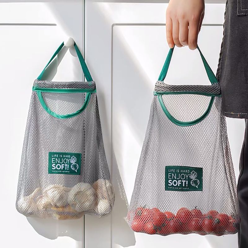 Túi lưới đựng hành tỏi treo tường nhà bếp viền xanh - 1 ngăn