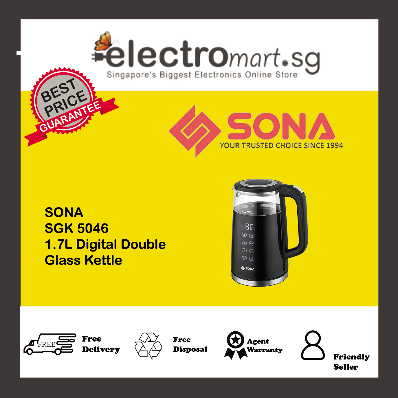 SONA SGK 5046 1.7L Digital Double Glass Kettle Lazada Singapore
