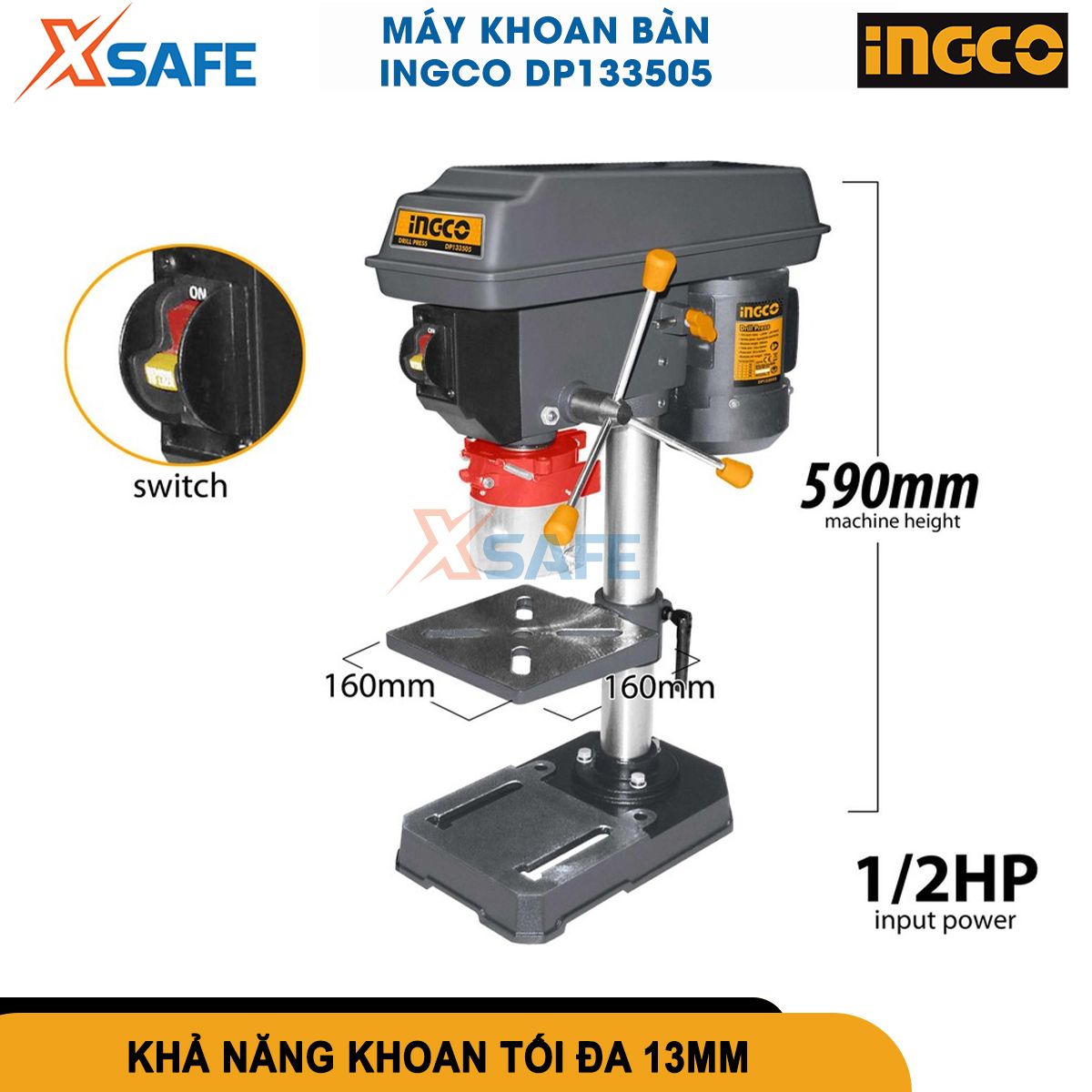 Máy khoan bàn 350W INGCO DP133505 khả năng điều chỉnh bàn khoan, khoan tối đa 13 mm,số mức tốc độ 5, đường kính ống trụ 46 mm, chiều cao máy 590mm, kích thước bàn khoan 160*160 mm, kích thước chân bàn 291*183mm