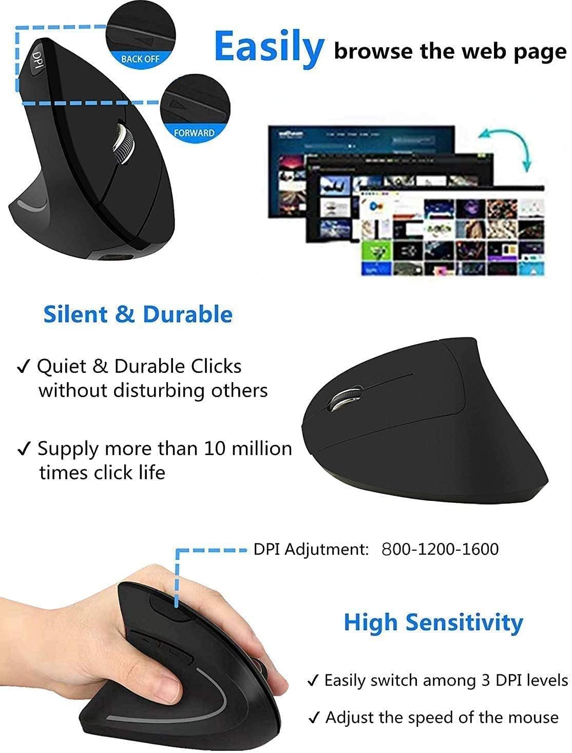 Jomaa Ergonomic Mouse Left Hand 2.4G Left-Handed Wireless Vertical Mouse for Windows Laptop Computer Mouse for Left-handers