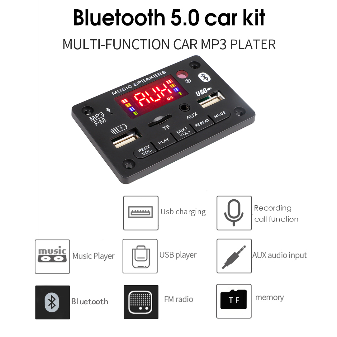 Aitemay 7V-24V Bluetooth 5.0 MP3 Decoder Board MP3 Player USB Module AUX FM Radio Recording with 2x40W Amplifier