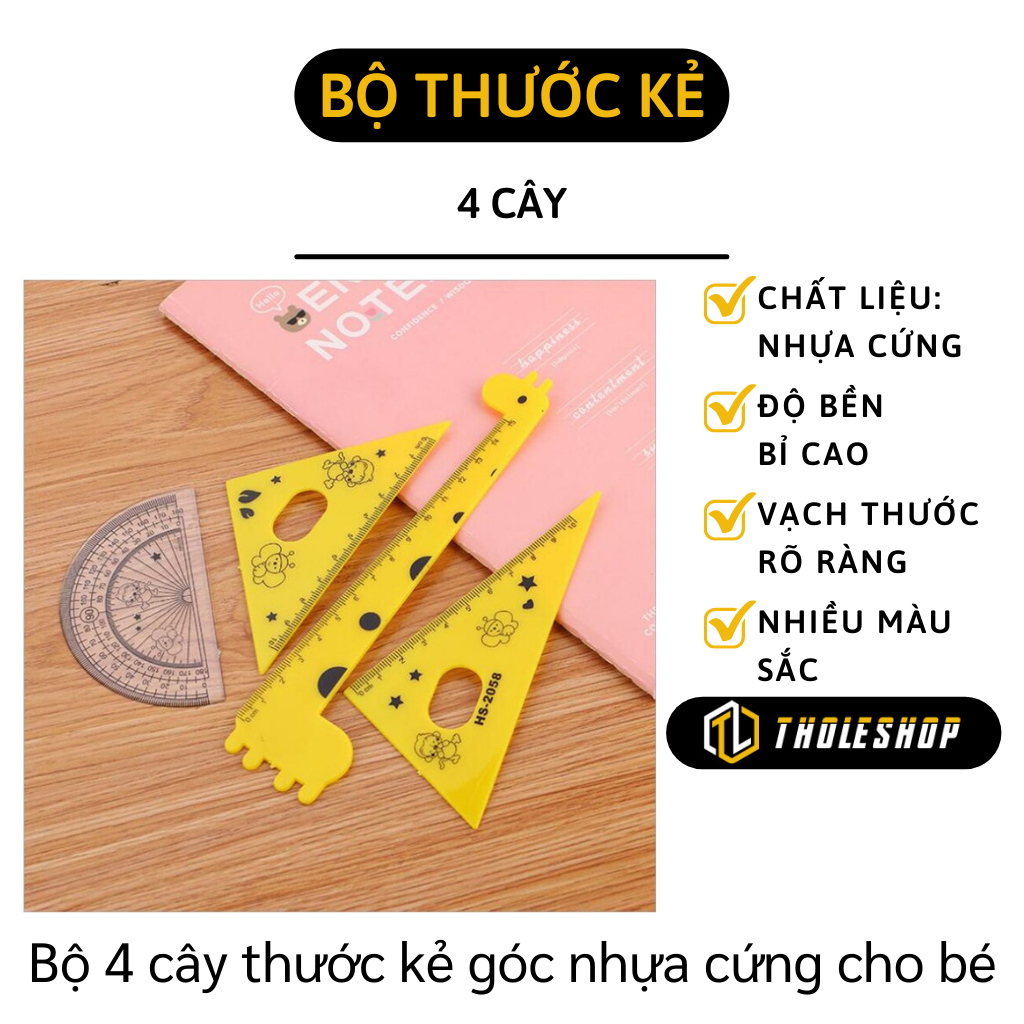 Bộ 4 cây thước kẻ góc cho bé - Bộ thước kẻ, thước eke, thước đo góc - Đồ dùng học tập cho bé - Bộ thước kẻ hình dáng đáng yêu cho bé