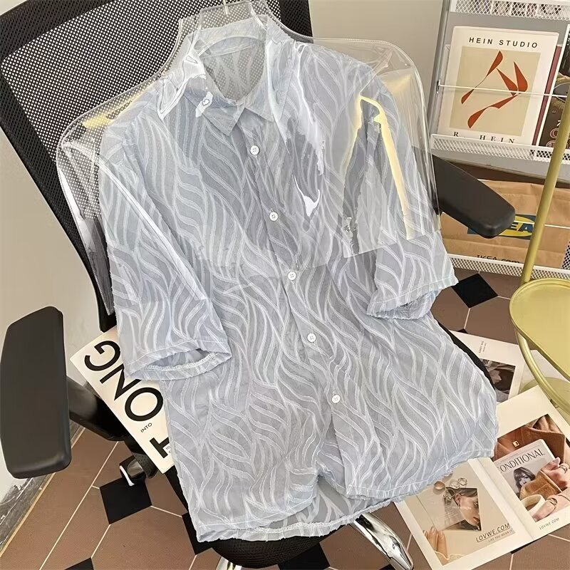 Hanlu Men's fashionable floral shirt translucent shirt fashionable simple shirt jacket handsome short sleeve shirt