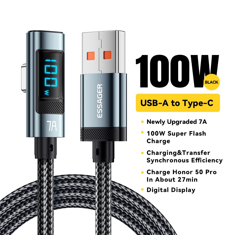Essager 7A 100W USB C Cáp Sạc Nhanh Màn hình hiển thị kỹ thuật số PD Loại C để Loại C 90 độ khuỷu tay Loại C Cáp cho Huawei mate60 Pro Xiaomi Samsung Vivo dây dữ liệu