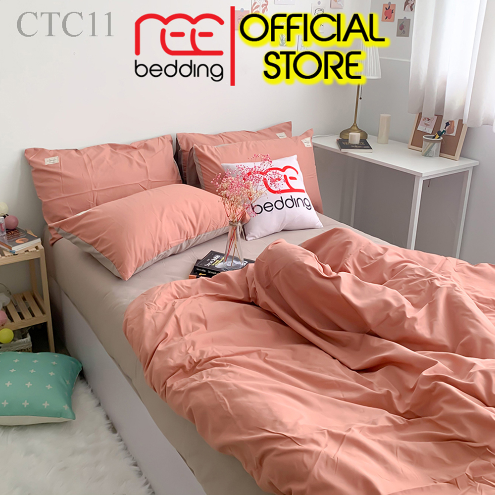 Bộ chăn ga gối Cotton TC REE Bedding CTC11 màu cam san hô đủ size giường nệm