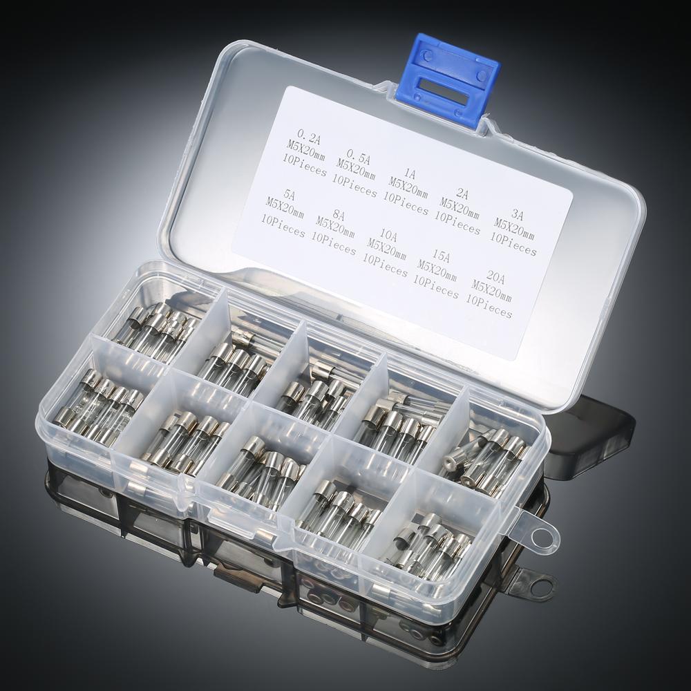 100pcs 5x20mm Fast-blow Glass Tube Fuses Assorted Kit Amp 0.2A 0.5A 1A 2A 3A 5A 8A 10A 15A 20A
