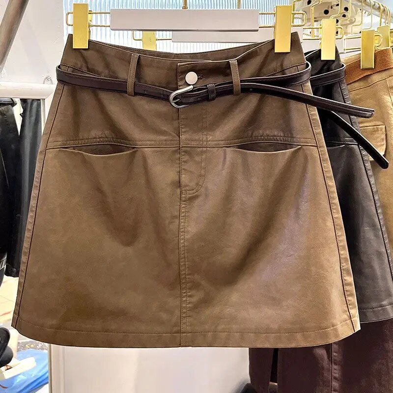 Women's Leather Skirt 2023 Autumn/Winter New Solid Color PU Leather Wrap Hip Short Skirt