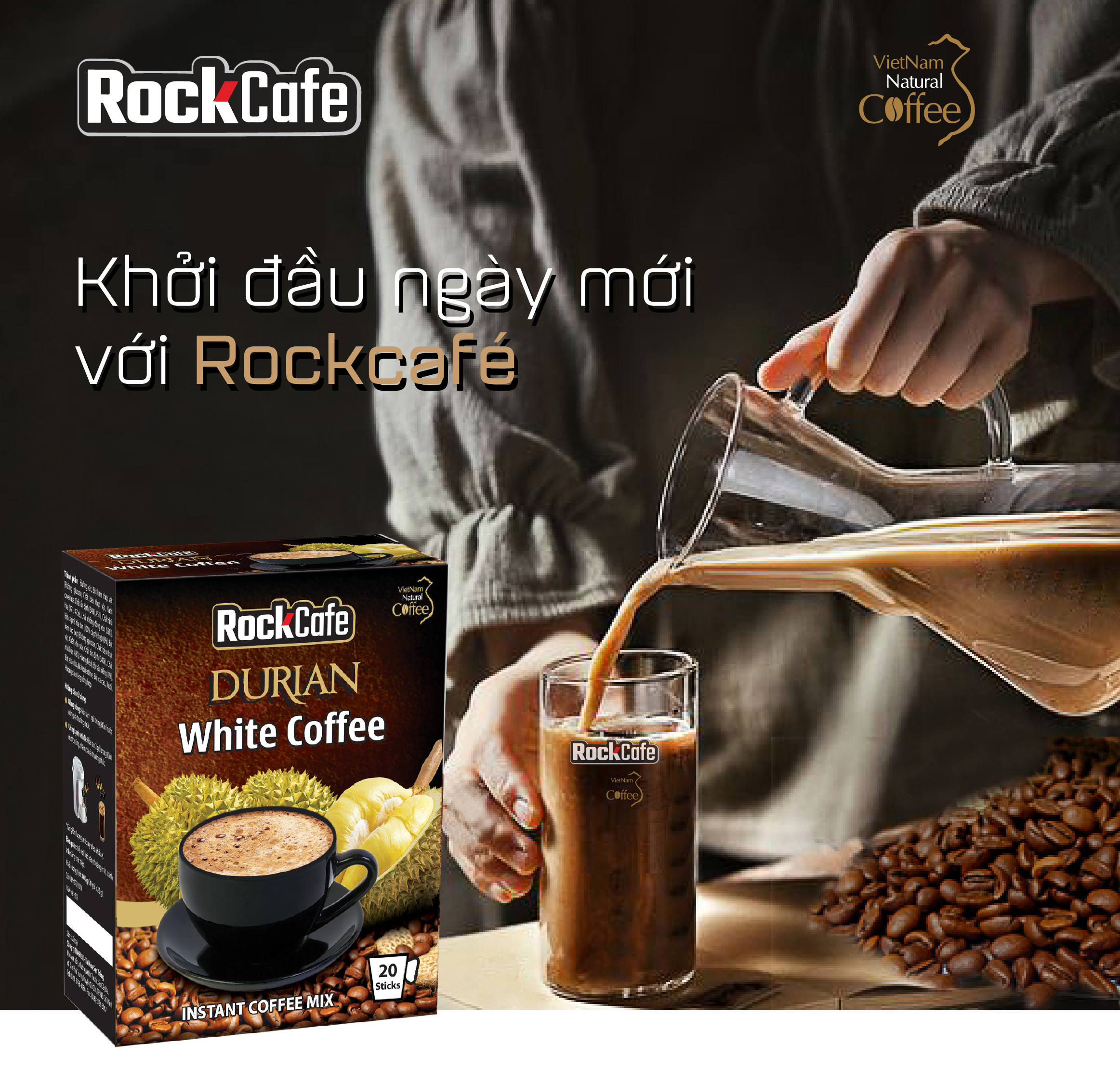RockCafe - Cà phê hòa tan 3 trong 1 - Vị sầu riêng độc đáo - Thơm ngon - Tinh khiết - Hộp 20 gói x 20 gr