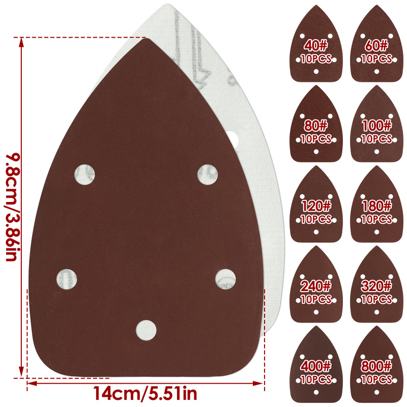 100Pcs Mouse Sander Paper Aluminum Oxide Hook and Loop Triangular Sandpaper 5 Holes Sanding Pads Mouse Sander Paper Adhesive Triangular Sanding Pads