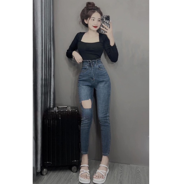 Set jeans dài co giãn xanh rách ô + áo cổ vuông tay dài đen 2024
