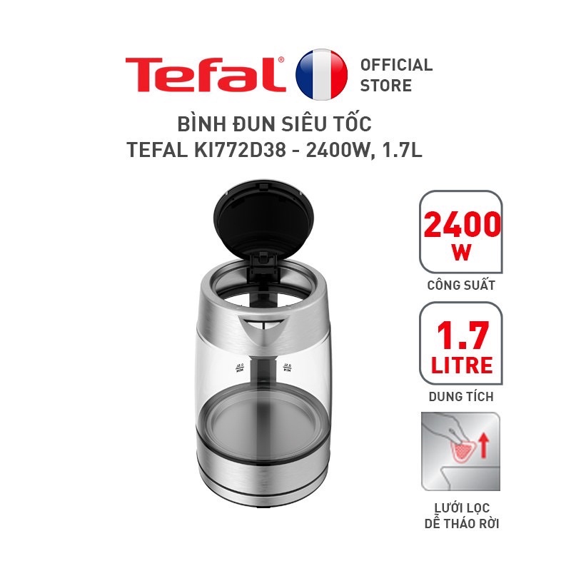 Bình đun siêu tốc Tefal KI772D38 thủy tinh 2400W 1,7L