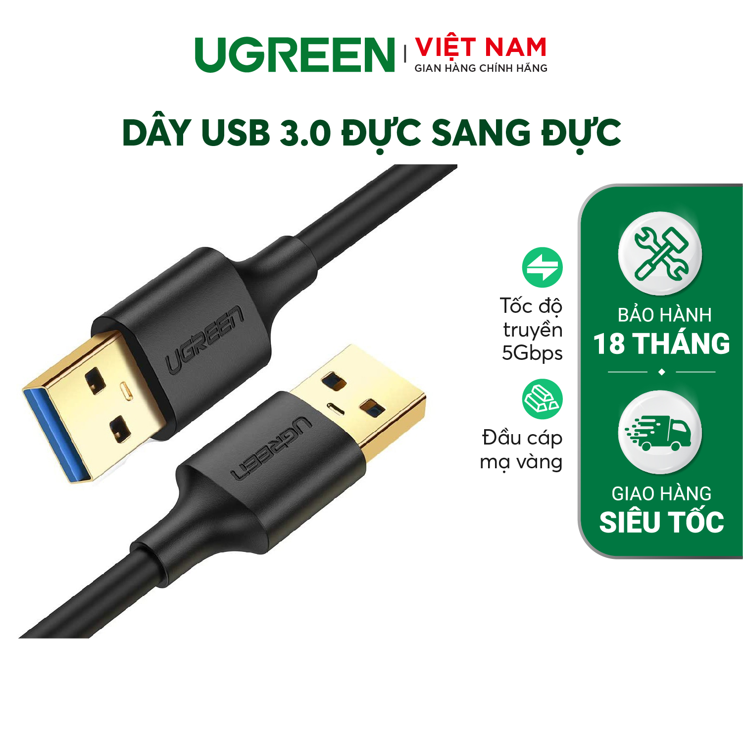 Dây USB 3.0 đực sang đực mạ vàng dài 0.5M UGREEN US116 10369 (Đen)