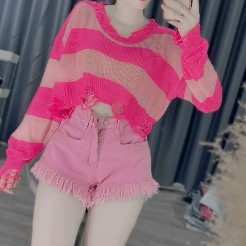 Áo len nữ kiểu rách mỏng croptop cá tính hàng QC