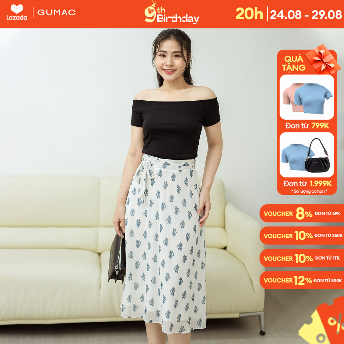 Chân váy công sở gumac vd08006 dáng a xòe phối dây lưng