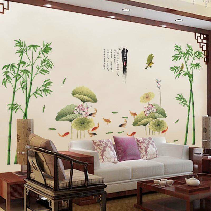 DECAL DÁN TƯỜNG TẾT BỤI TRÚC VÀ ĐẦM SEN TO