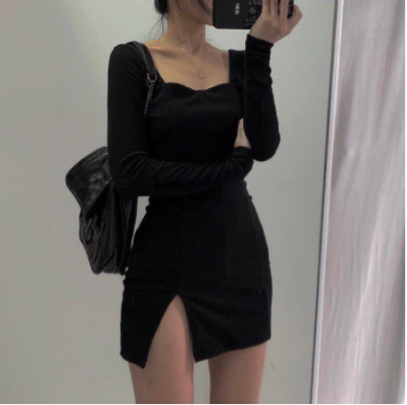 Đầm Body Thun Xẻ Đùi Tay Dài Quyến Rũ Cho Nữ Phong Cách Basic