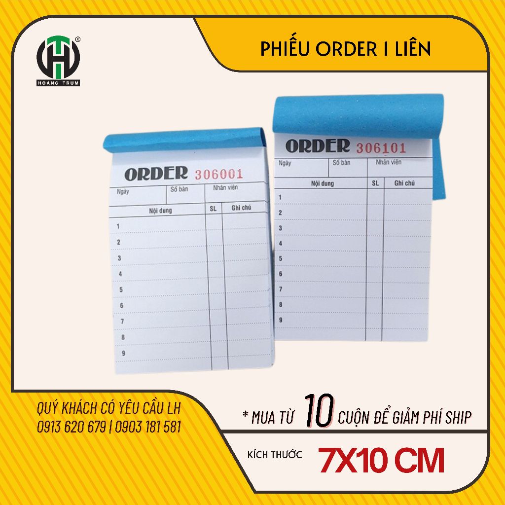Phiếu order 1 liên "CÓ SỐ NHẢY", phiếu order 1 liên có sẵn tiện nghi cho nhà hàng, nhà hàng quán ăn (1 xấp 10 cuố