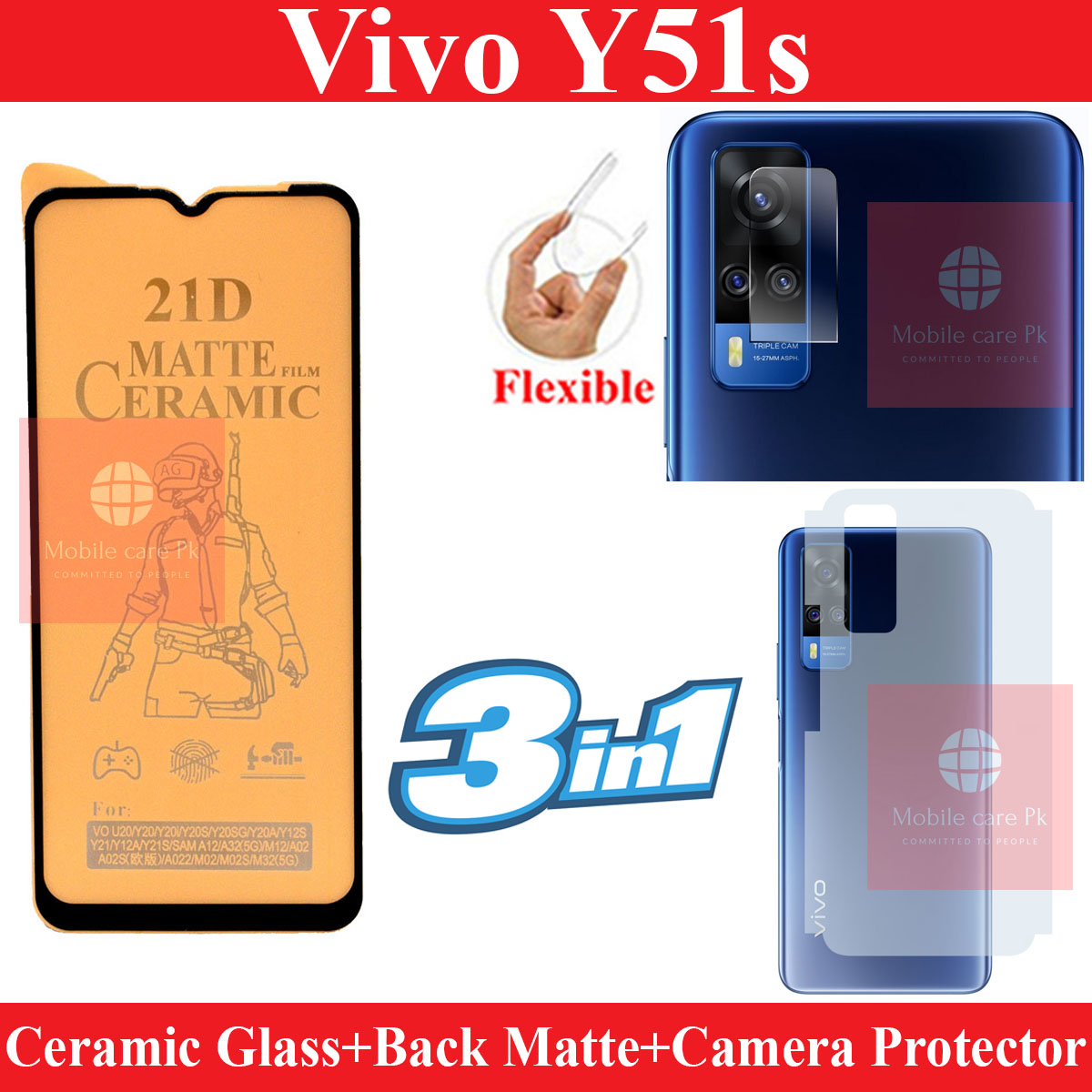 Vivo Y51s Glass Protector Matte Fiber Glass Sheet + Back Protector Carbon Fiber Matte Soft Skin Sheet + Camera Protector Flexible Glass Clear Protector For Vivo Y51s. 