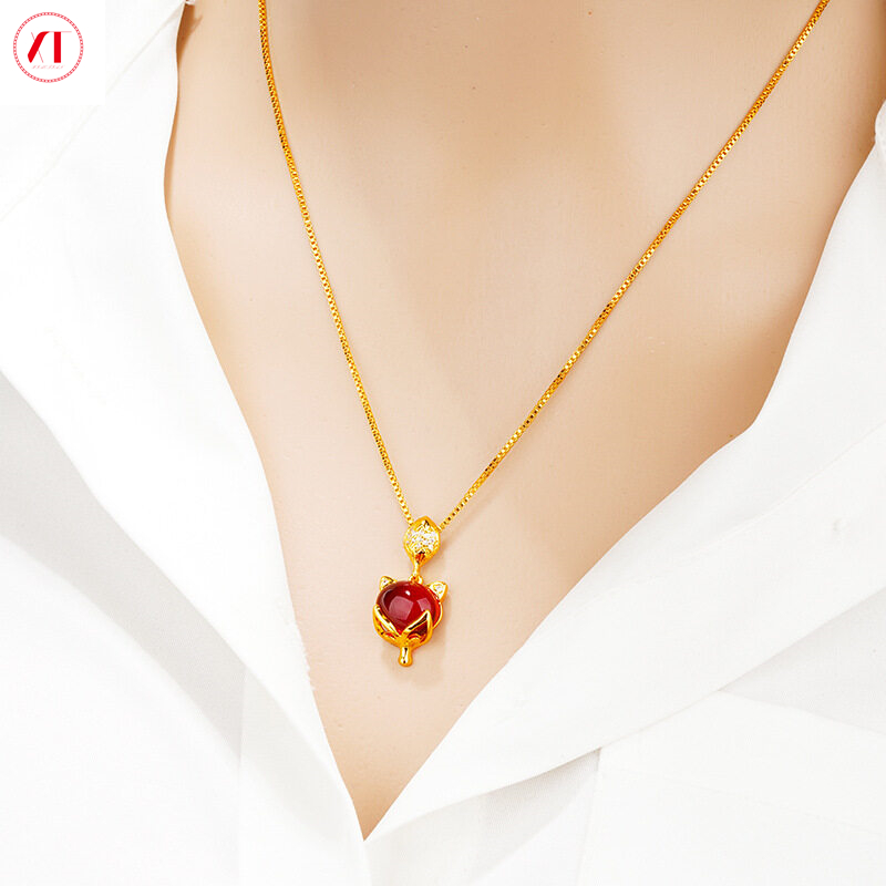 XT Jewellery Korea 24k Gemstone Necklace Fox Head Pendant Gold Plated