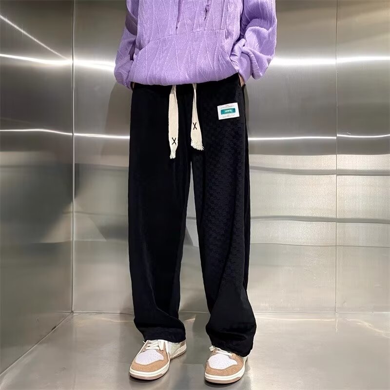ASRV Men's Drapey Stretch Wide Leg Pants Plaid fabric straight floor mopping casual pants