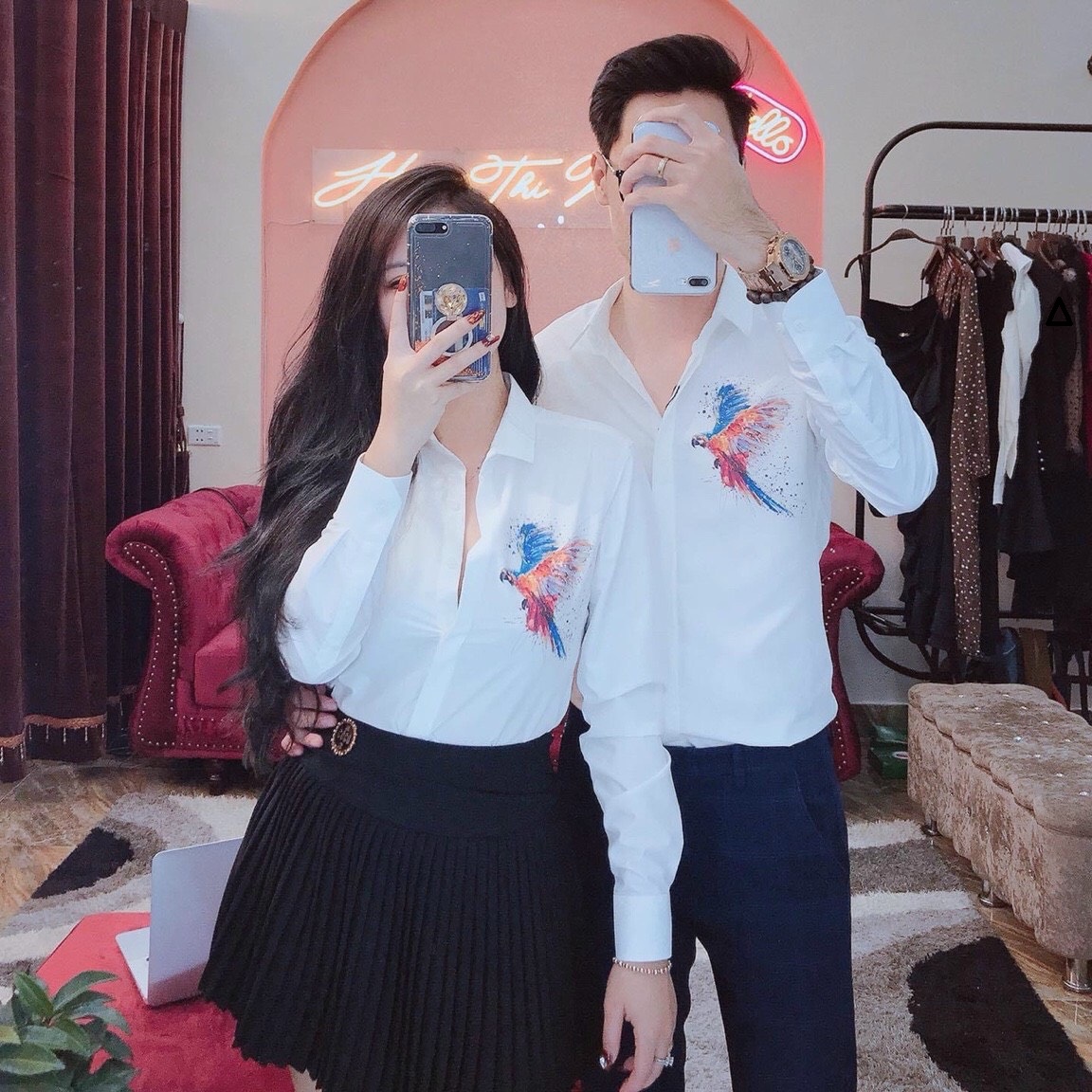 [HCM]Áo Sơ Mi Cặp Đôi Nam Nữ Đẹp Lông Vũ