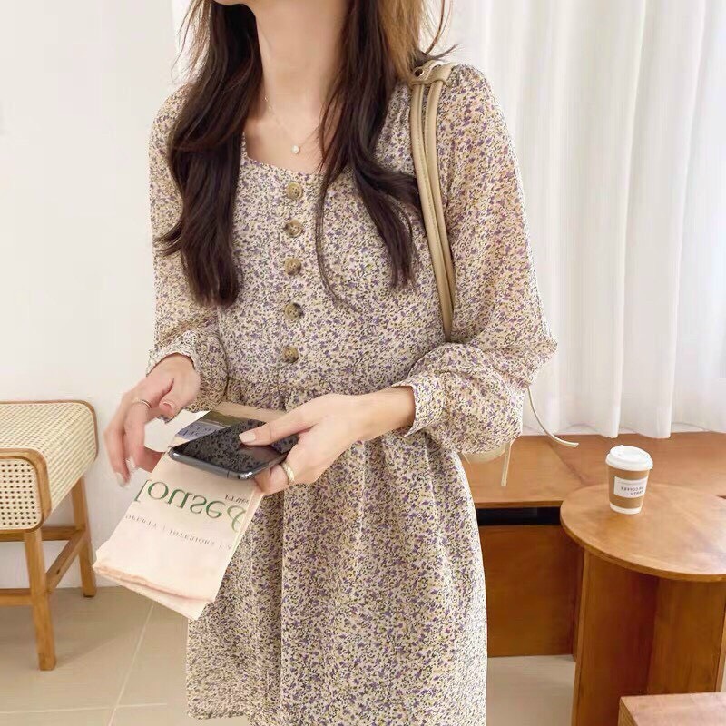 Đầm tiểu thư hoa nhí, đầm vitage nữ cổ vuông đính nút, đầm maxi, đầm hoa nhí mặc đi chơi xinh xắn
