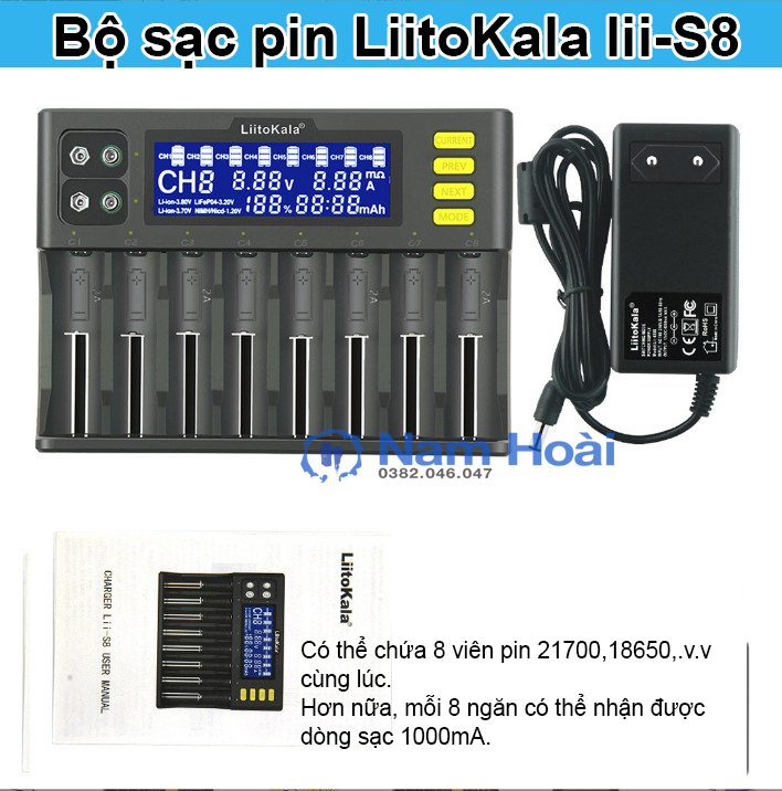 Bộ sạc pin Liitokala Lii-S8 8 khe sạc dành cho pin 9V 18650 26650 21700