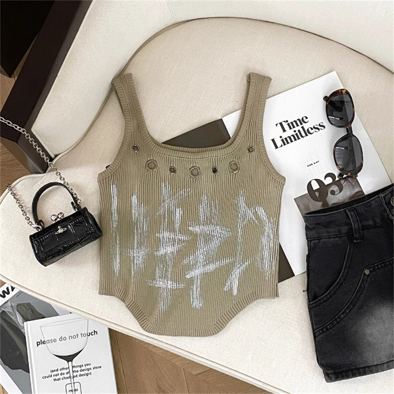 DUOHANZI Tank Top Cool Short Fit Graffiti Hollow out Fashionable Square Neck Open Waist Sleeveless Knitted Top