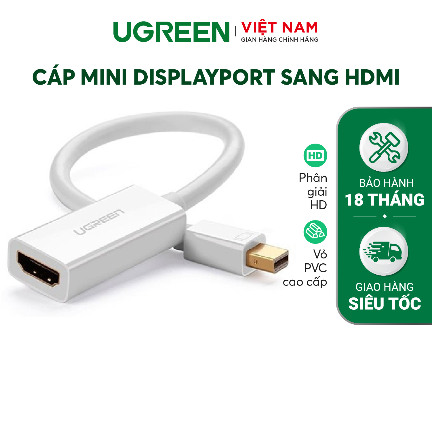 Cáp chuyển đổi Mini DisplayPort đầu đực sang HDMI đầu cái dài 18cm UGREEN MD112 10460 (trắng)