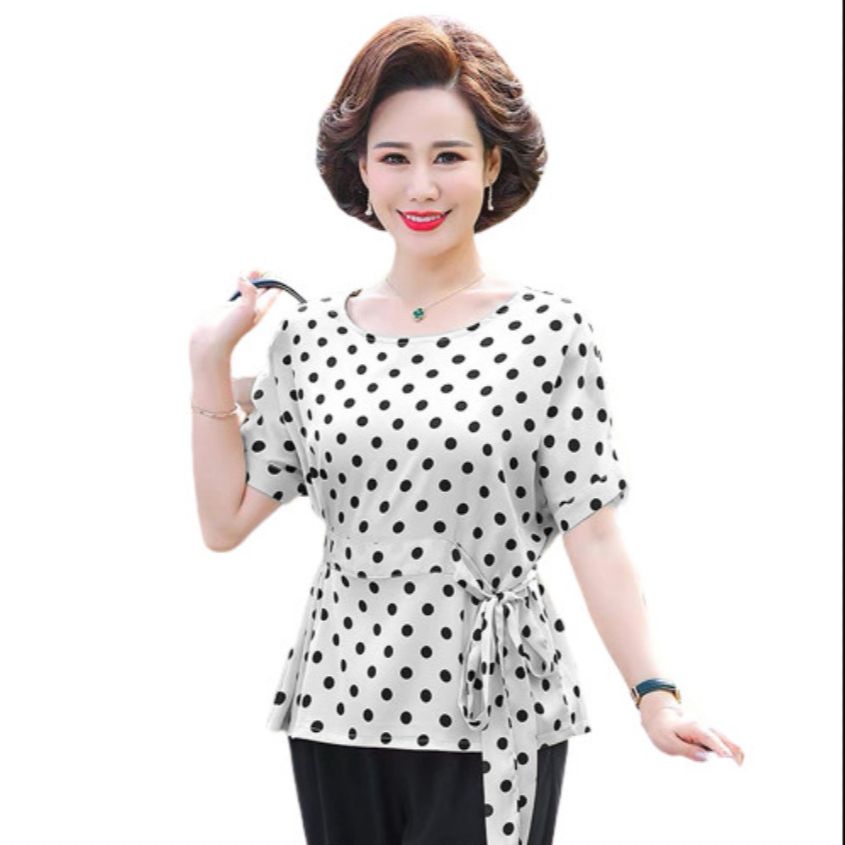 Áo kiểu trung niên sang trọng Thiên Tú Store chất voan chấm bi cổ tròn tay ngắn dáng suông kiểu áo cột trước mặc dịp thường ngày sản xuất tại việt nam Lz.01336