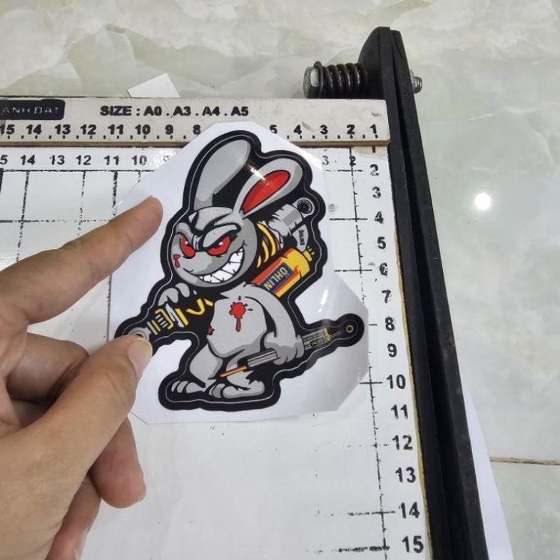 Tem sticker thỏ điên cầm phuộc OH 10cm
