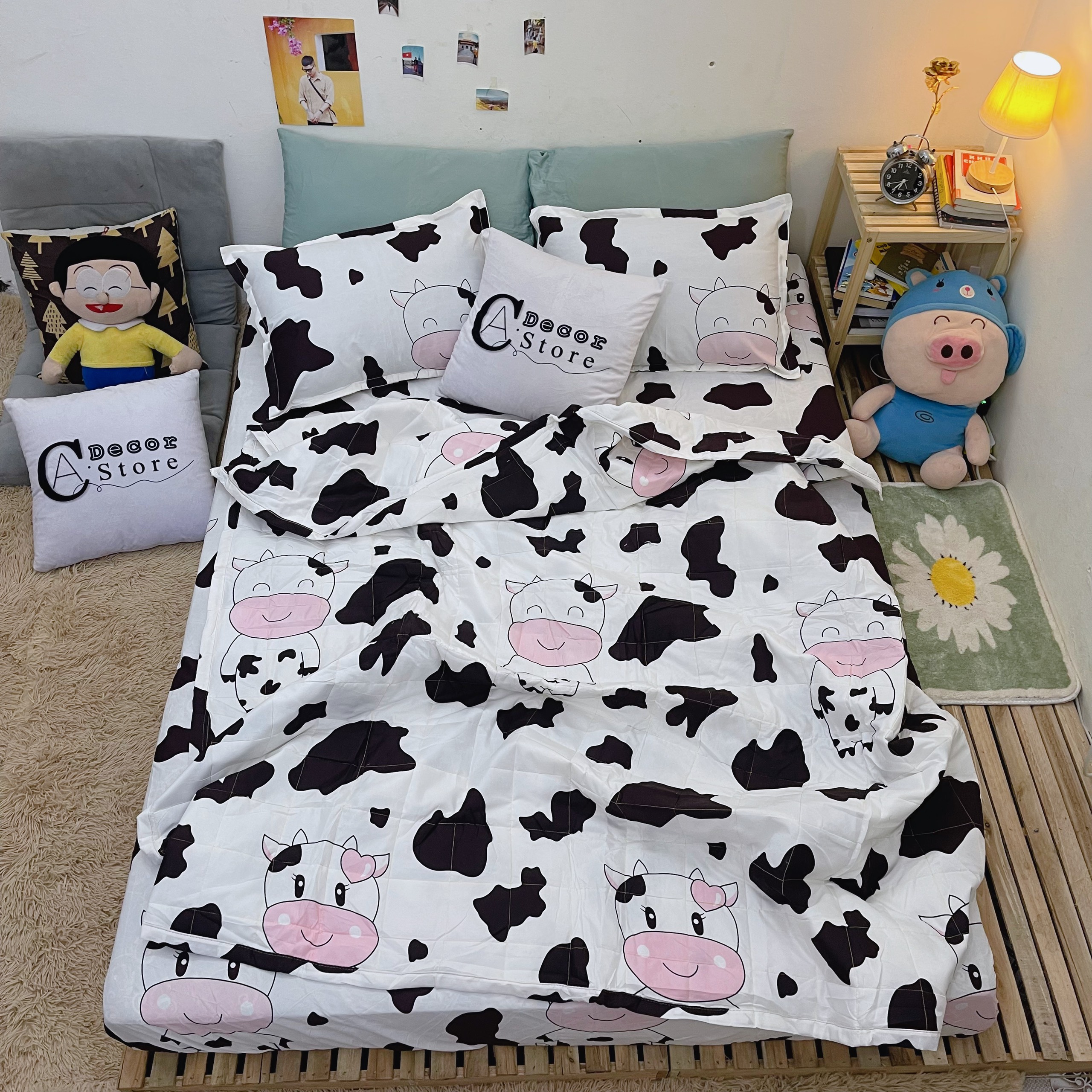 Bộ Chăn Ga Cotton Poly Bò Sữa Trắng 1M6 x 2M ( 1 Drap + 2 Vỏ Gối Nằm + 1 Chăn Hè + 1 Vỏ Gối Ôm )