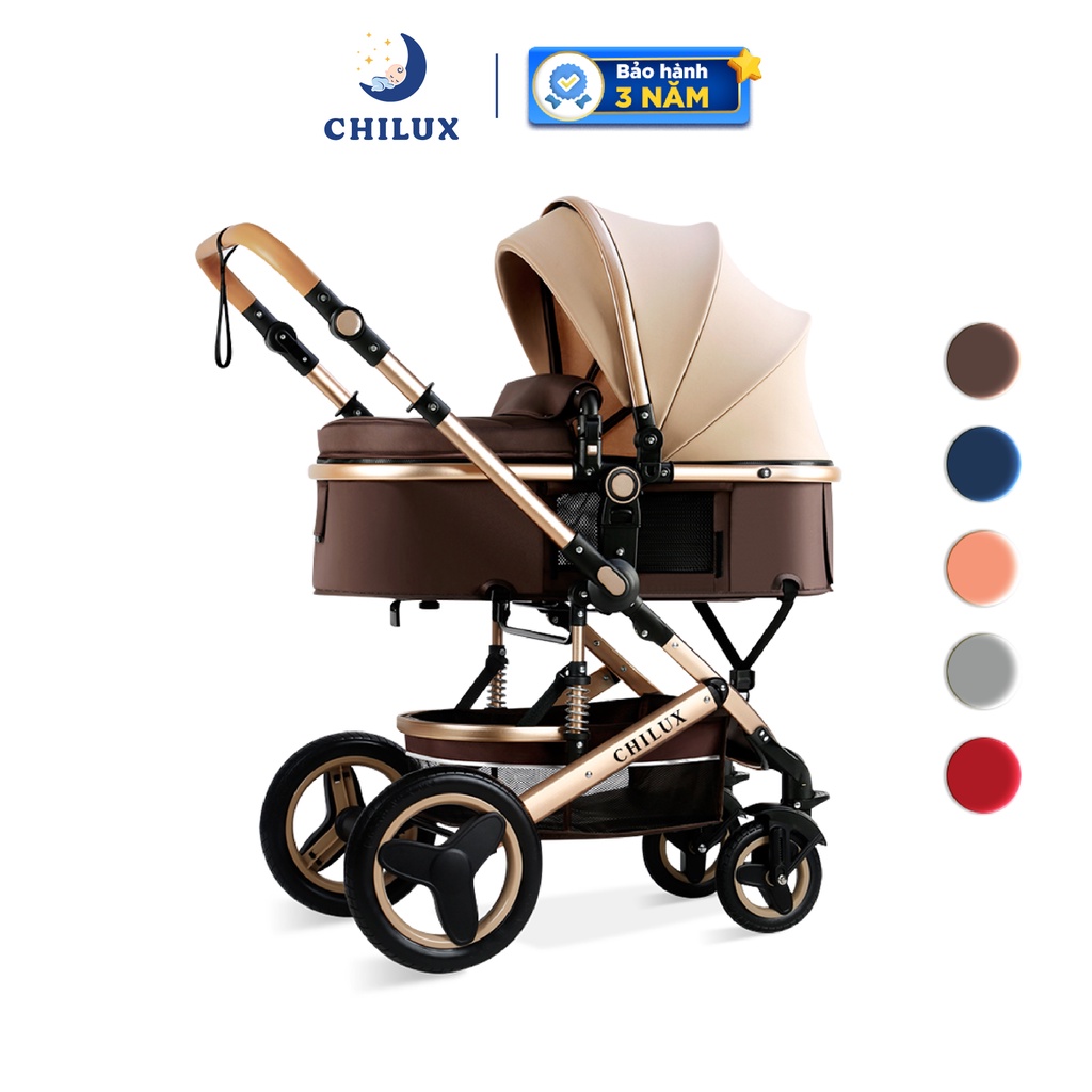Xe đẩy nôi cho em bé gấp gọn, 2 chiều CHILUX V1.6 đủ màu nâu - xanh navy - đỏ - hồng - xám (xe đẩy 2 chiều 3 tư thế)