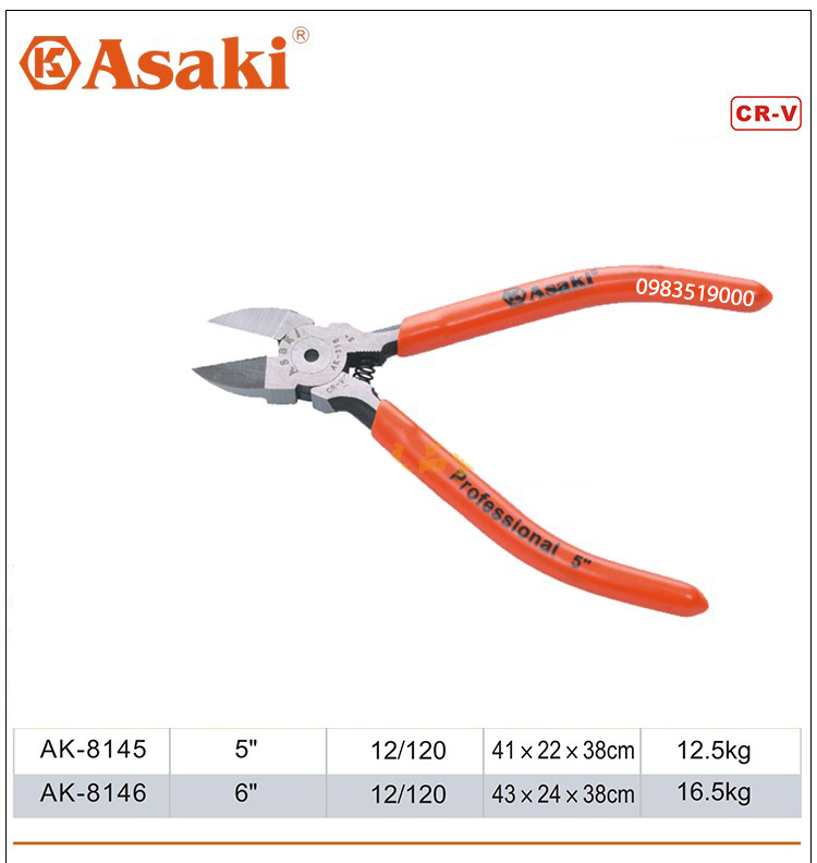 Kìm cắt asaki ak cắt vát cắt chân linh kiện, 5” ak-8147 125mm 6” ak-8148 150mm