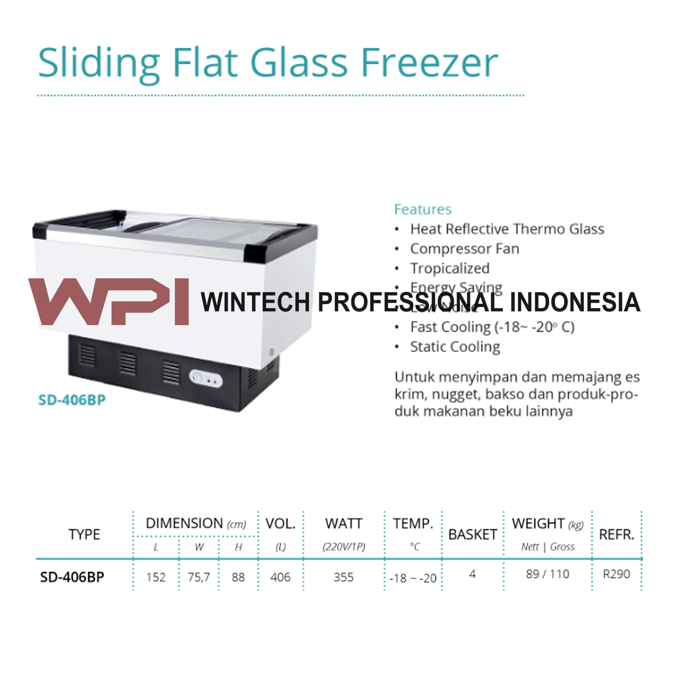 Gea SD406BP Sliding Flat Glass Freezer Freezer Kaca Datar Untuk