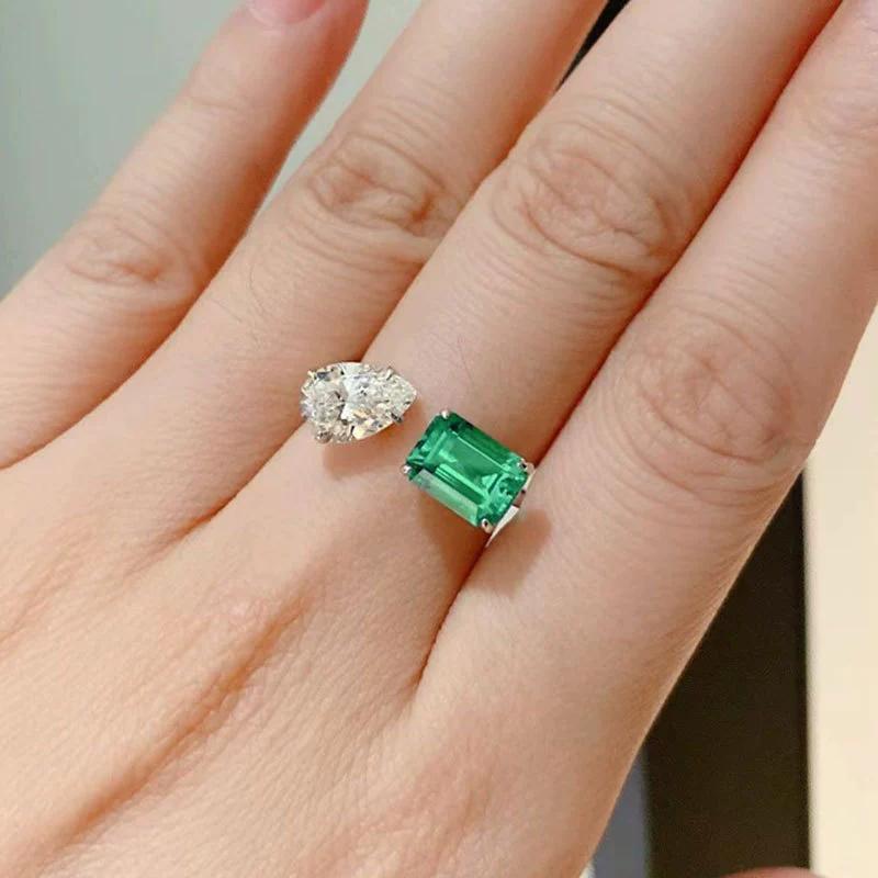 Imitation Emerald Tourmaline Princess Square Temperament Open Ring Female Ring