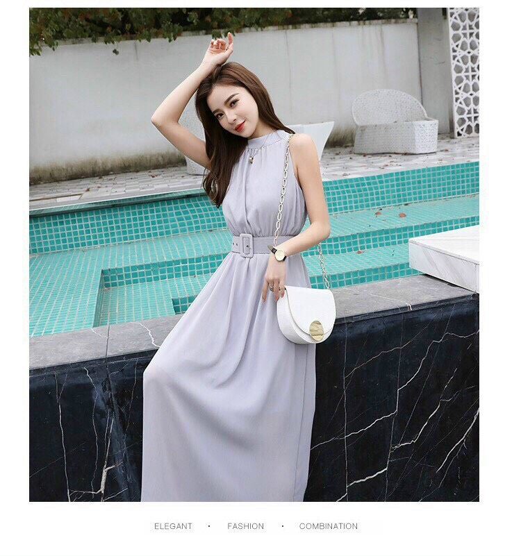 đầm dài váy đầm maxi xám- đen kèm nịt