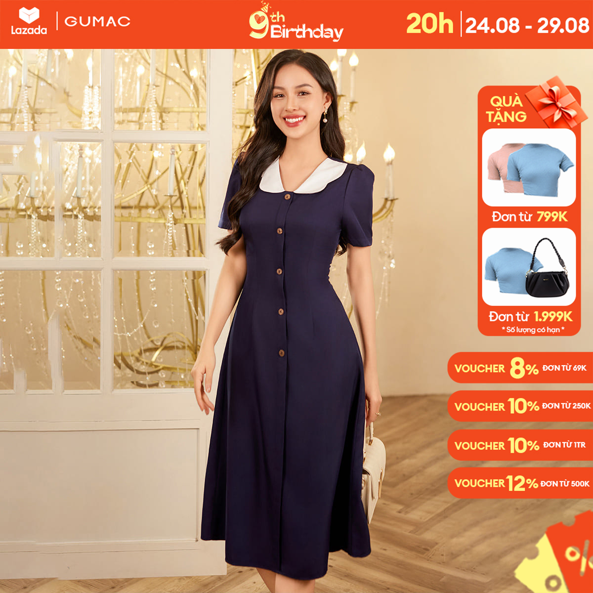 Đầm a bâu phối thời trang gumac ldd1214
