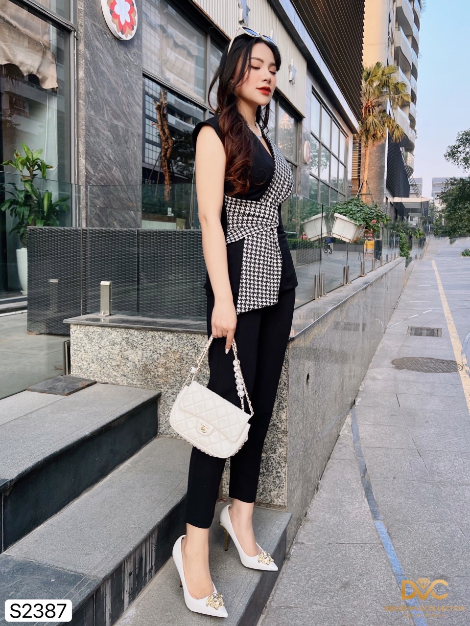 SET ÁO ĐEN SÁT NÁCH PHỐI KẺ S2387 - DOLCE VIVA COLLECTION