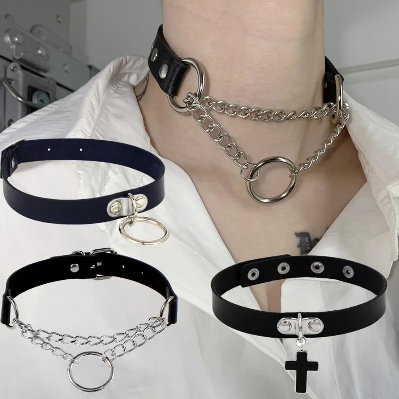 Unisex Gothic Choker Necklaces Women Girls Rivet Leather Necklace Rock Kpop Punk Neck Collars Black Choker Necklace Cool Collar