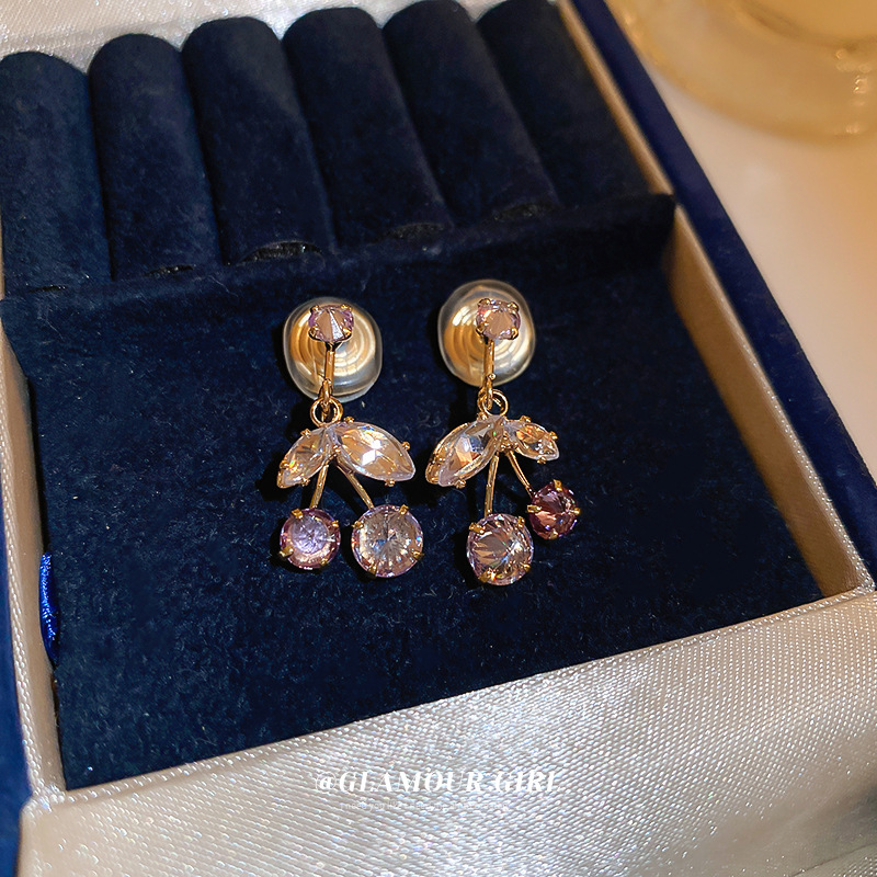 Silver Pin Zirconia Cherry Sweet Fashion Purple Earrings for women