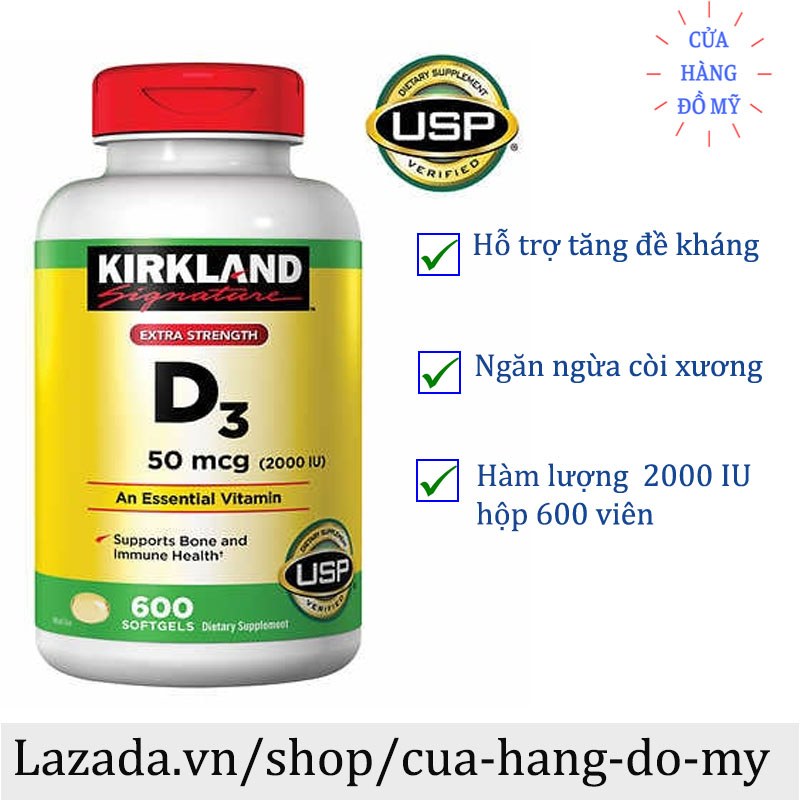 Viên uống Vitamin D3 50 mcg 2000IU Kirkland Signature 600 viên - Vitamin Mặt Trời tăng khả năng hấp thu canxi - Cửa Hàng Đồ Mỹ thumbnail