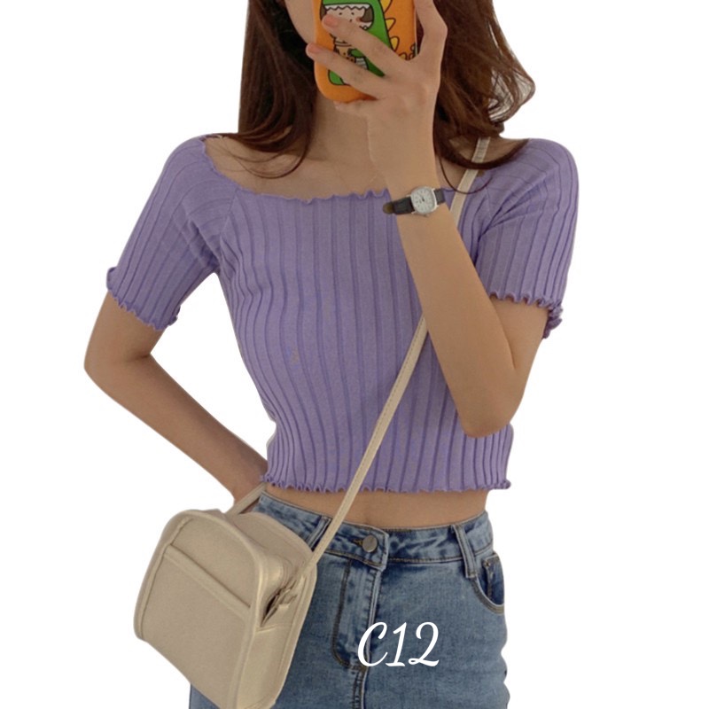 Áo thun gân nữ croptop cổ rộng tay ngắn c12